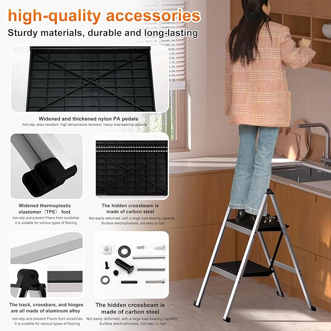 2 Step Ladder,Aluminum Ultra Thin Folding Step Stool,400 Lbs Capacity with Anti-Slip Sturdy and Wide Pedal,Closet Step Ladder for Home,Kitchen and Office,Space Saving (Silvery White, 2-Step)