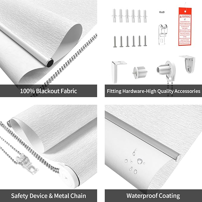 ALLBRIGHT 100% Blackout Roller Blinds Woven Shades with Striped Jacquard, Cordless Window Shades, UV Protection Fabric, Easy-Install for Indoor Home & Office, White Old, 48" W x 72" H