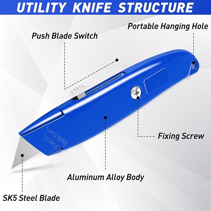 DIYSELF 4 Pack Box Cutter, Utility Knife, with 10 Extra SK5 Blades, Aluminum Shell Box Cutter Retractable for Papers, Cardboard, and Cartons, Razor Knife, Box Opener (Red, Blue, Yellow, Black)