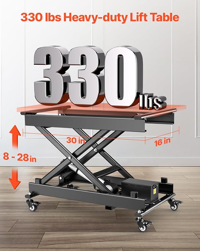 VEVOR Electric Lift Table, 330 lbs Capacity Single Scissor Lift Table, 8-28 in Height Adjustable Lifting Platform, Coffee Table Lift with 4 Wheels, for Material Handling and Transportation, Black
