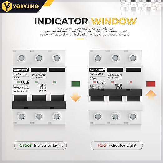 DC Circuit Breaker 20 Amp Solar Panel Disconnect Switch 12V-500V 3 Poles Miniature Solar Circuit Breaker for Outdoor PV Homes Battery, AC 110V DIN Rail MCB