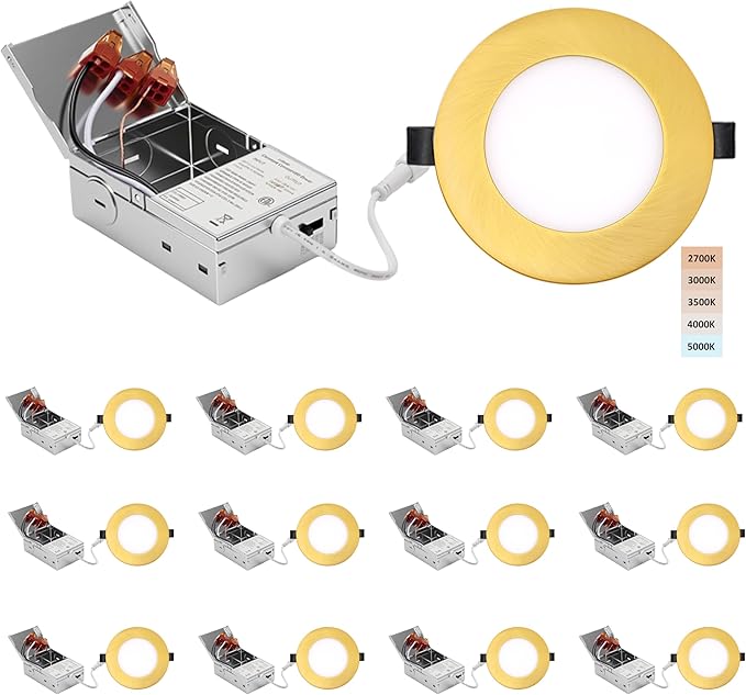 4-inch LED Recessed Lights - Slim Recessed Ceiling Light with Junction Box, 9W 5CCT Canless Lighting Fixture, Dimmable, Easy Install for Bedroom, Kitchen, Living Room, 12 Pack, Shiny Gold