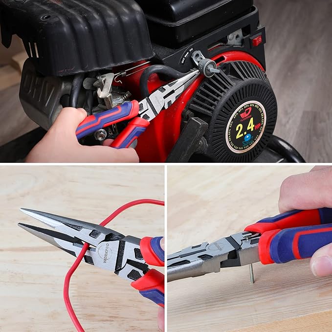 WORKPRO Premium 8” Needle Nose Pliers, Paper Clamp Precision, Heavy-Duty CRV Steel, Large Soft Grip with Wire Cutter, Long Nose Cutting Pliers, W031269