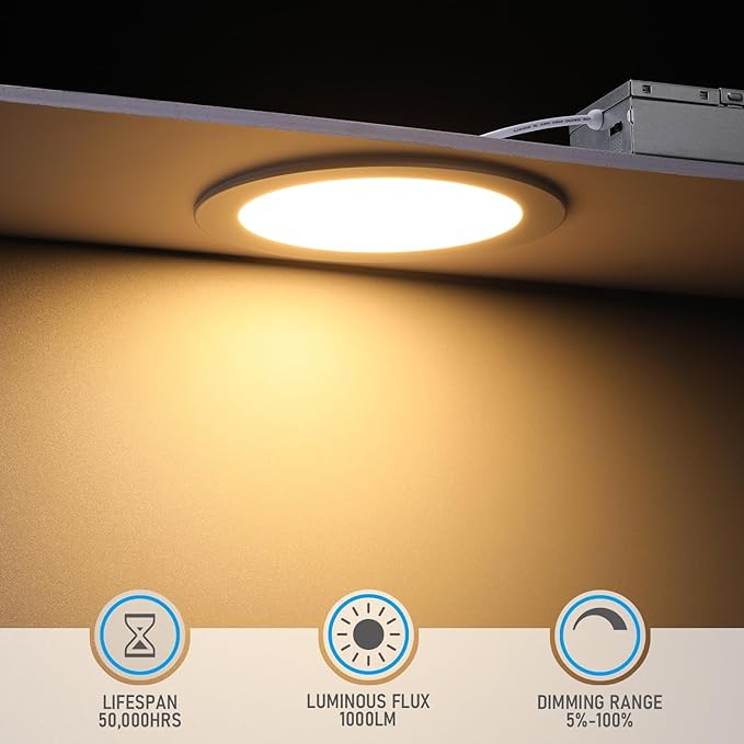 TORCHSTAR Basic Series 12-Pack 5CCT 6 Inch Ultra-Thin LED Recessed Lighting with J Box, CRI90, Aluminum, 2700K3000K3500K4000K5000K, 5%-100% Dimmable Slim Recessed Downlight, 12W 1000LM, ETL & ES