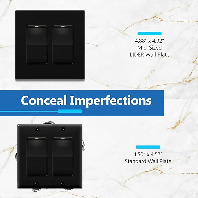 LIDER Matte Finish Double Decorator Switch Cover, Screwless Wall Plate, Mid-Size 2-Gang 4.88" x 4.92", Unbreakable Polycarbonate Thermoplastic, UL Listed, LSWP-32M-BK5P, Black, 5 Pack