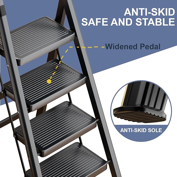 5 Step Ladder with Tool Tray,Portable Step Tool 330lb Load,Folding Step Ladder with Anti-Slip Widen Pedals,Handrail,Safe-Lock Design Carbon Steel Step Ladder for Painting Outdoor Garage+1