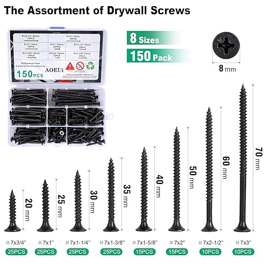 Wood Screws Assortment Kit, 150 pcs Screws for Drywall Wood, 8 Sizes Phillips Flat Head Sheetrock Screws Set - Perfect Gifts for Him, Fathers Day, Birthday & Christmas