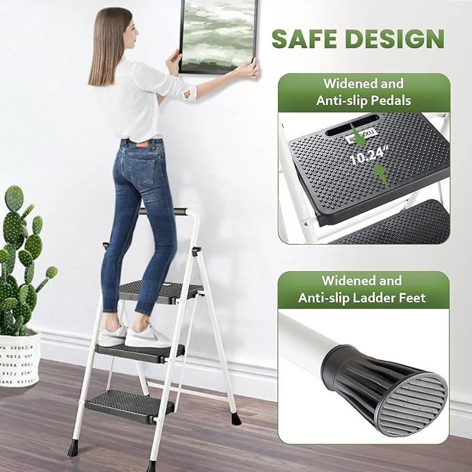 3 Step Ladder, Folding Step Stool 500 Lbs Capacity for Adults & Kids, Heavy Duty Steel Sturdy Step Ladder with Non Slip Wide Pedals, Space Saving Step Stool for Home Kitchen Office, White