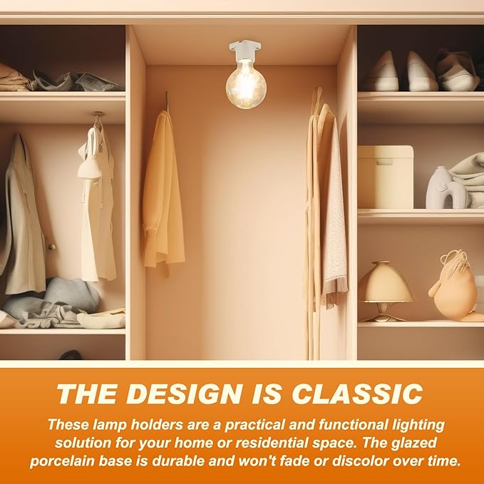 10 Pcs E26 Light Socket Porcelain Lamp Holder Socket Medium Keyless Threaded Base with Two Hole Flange Mounting and 6" Wire Indoor Garage Closet Lighting