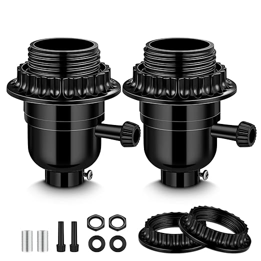 UL Listed E26 Light Socket Replacement,with 2 Lamp Shade Rings,2 ON/Off Turn Knob Types (Short/Long),Other Repair Parts. Fits Table Lamps, Floor Lamps and Light Fixtures,Black (2)