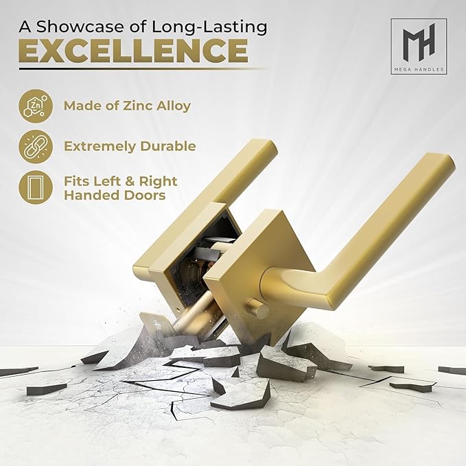 Mega Handles Prime Privacy Door Handle - 2 Pack Interior Reversible Gold Door Handle, Heavy Duty Bed & Bath Door Handles with Privacy Door Lock, Fits All Standard Doors - Satin Brass