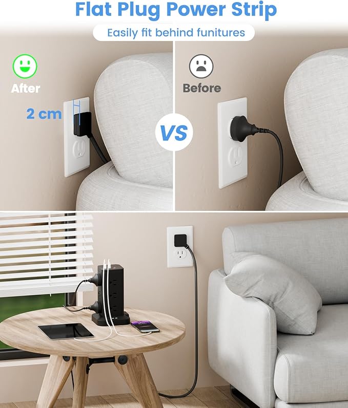 15-in-1 Power Strip Tower with Surge Protector 1800J, Fast Charging Tower PD20W USB-C Ports with 12 AC Outlets, 6ft Extension Cord for Home Office Dorm Room, Black