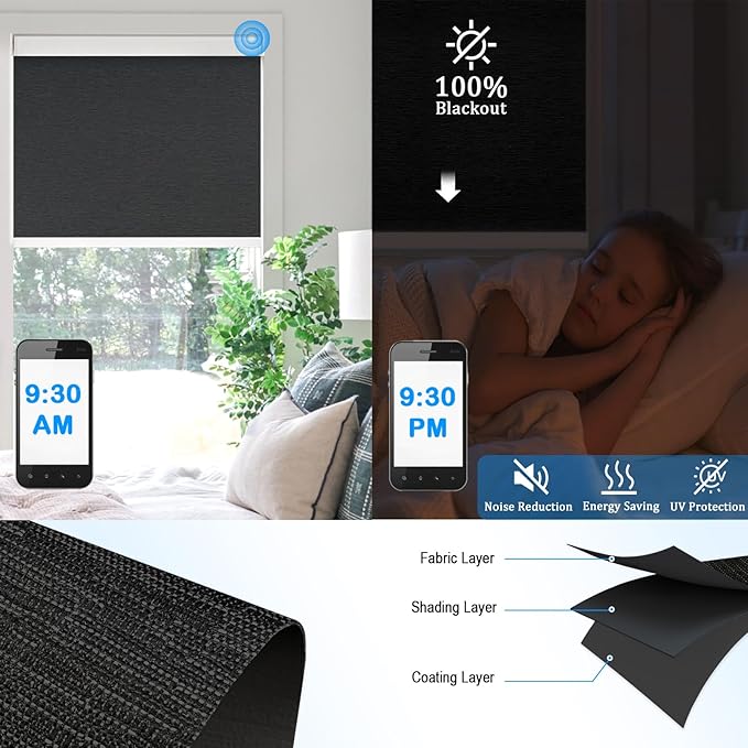 Motorized Blinds with Remote Cordless Automatic Motorized Shades Custom Blinds for Windows Smart Curtains Compatible with Alexa Google Home(Blackout Jacquard Black,W68 x H72in)