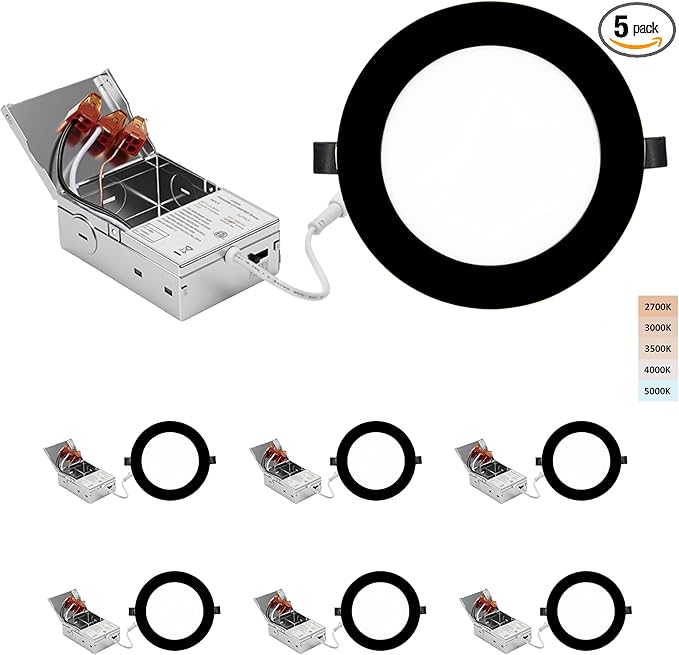 6-inch LED Recessed Lights - Slim Recessed Ceiling Light with Junction Box, 12W 5CCT Canless Lighting Fixture, Dimmable, Easy Install for Bedroom, Kitchen, Living Room, 6 Pack, Black
