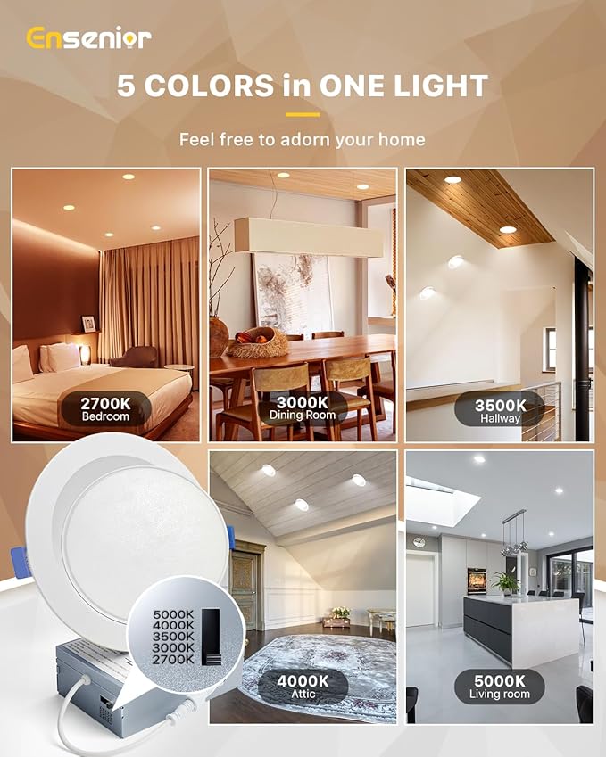 Ensenior 4 Pack 6 inch Gimbal Led Recessed Lighting, 90° Rotatable and 5CCT Selectable, Dimmable Eyeball Recessed Lights, Canless Angled Adjustable Ceiling Downlight, 1200LM, 12W=115W-FCC Certified