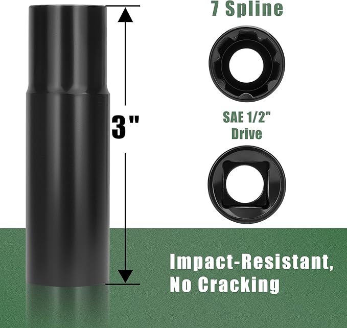 7 Spline Lug Nuts Key Socket, 1/2 Inch Drive Impact Square Tool - Quickly Remove M14x1.5, M14x2.0 and 9/16 Wheel Lug Nuts | 1 Pc (Black)
