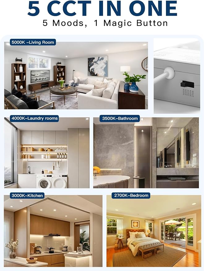 6-inch LED Recessed Lights - Slim Recessed Ceiling Light with Junction Box, 12W 5CCT Canless Lighting Fixture, Dimmable, Easy Install for Bedroom, Kitchen, Living Room, 1 Pack, Shiny Gold