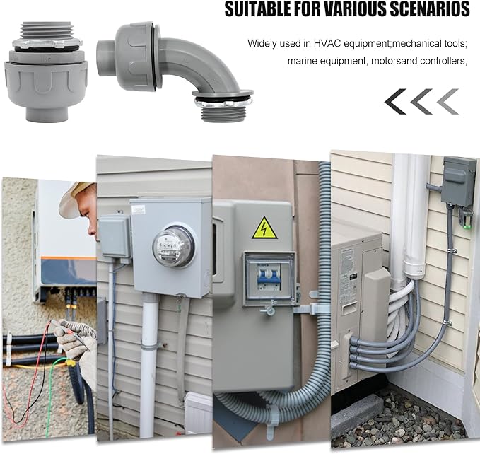 1-1/2 inch Liquid Tight Connector PVC Flexible Conduit Connector, 180 Degree and 90 Degree UL Listed, Non-Metallic Electrical Conduit Fittings 6 Pack(4 pcs 180D/2 pcs 90D)