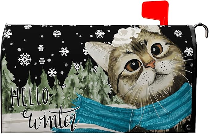 Hello Winter Cat Magnetic Mailbox Covers Standard Size 21x18 Inch Snowflakes Pine Tree Post Box Mailbox Wraps Cute Cat Cover Outdoor Decor for Garden Yard