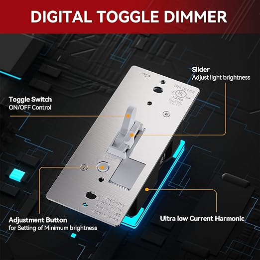 AIDA Toggle Slide Dimmer Switch for Dimmable LED Light/CFL/Incandescent 600 Watt max, Single-Pole or 3-Way, Rocker On/Off Wall Switch with Dimmer Slider, Wall Plate NOT Included, UL, White, 1 Pack