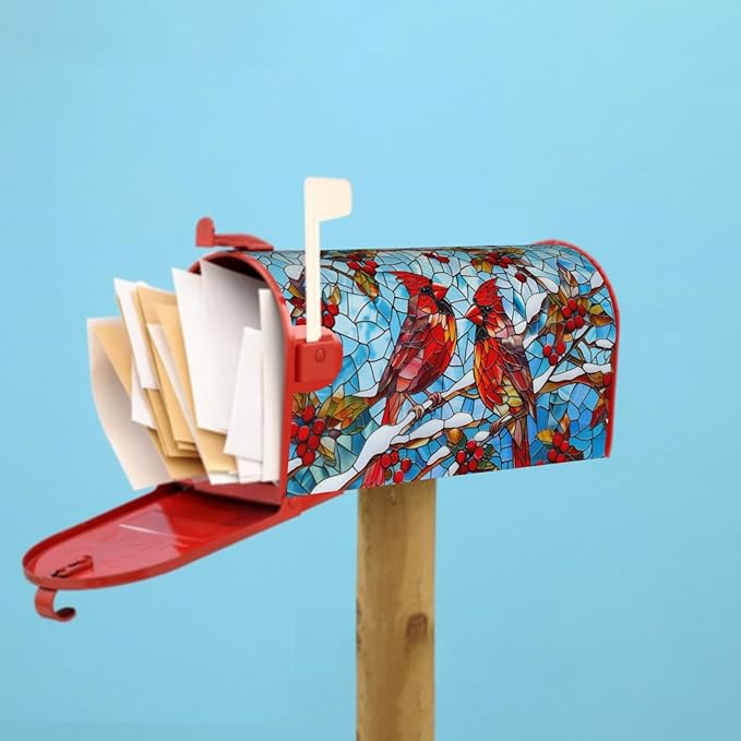 Giwawa Winter Cardinal Bird Mailbox Covers Red Birds on Holly Berry Branches Snow Mail Box Cover Magnetic Standard Size 18 x 21 Stained Glass Christmas Mailbox Wrap Holiday Mailbox Xmas Decorations