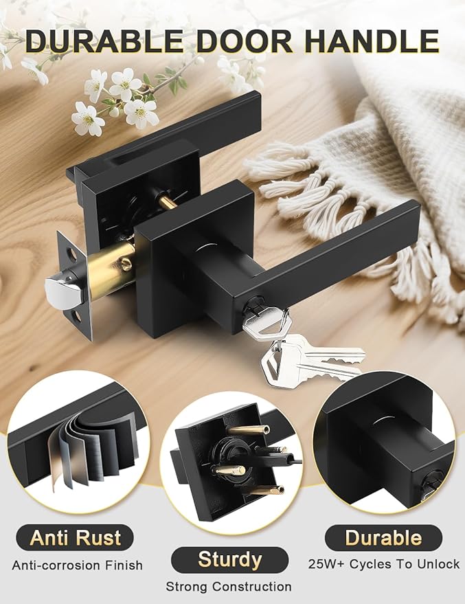 4 Pack Entry Door Levers with Lock and Key, Matte Black Keyed Alike Lockset Combo Pack, Entrance Door Handles for Office and Front Door, Door Knobs Lockset (Each with 3 Keys)