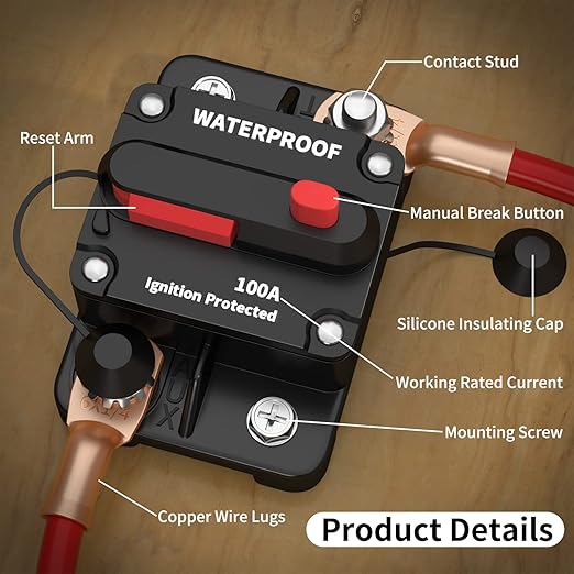 DaierTek 100 Amp Circuit Breaker 12V - 48V, DC 12 Volt Circuit Breaker 100A Inline with Manual Reset Waterproof for Marine Boat Trolling Automotive Car RV ATV Audio-2Pack