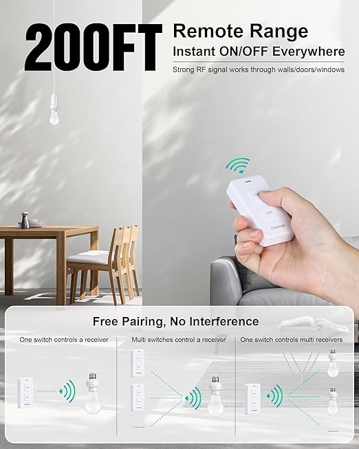 Remote Control Light Bulb Socket, 200FT Range Wireless Light Socket for Pull Chain Light Fixture, Remote Control Light Switch E26 E27 Lamp Socket, No Wiring Needed, FCC Listed