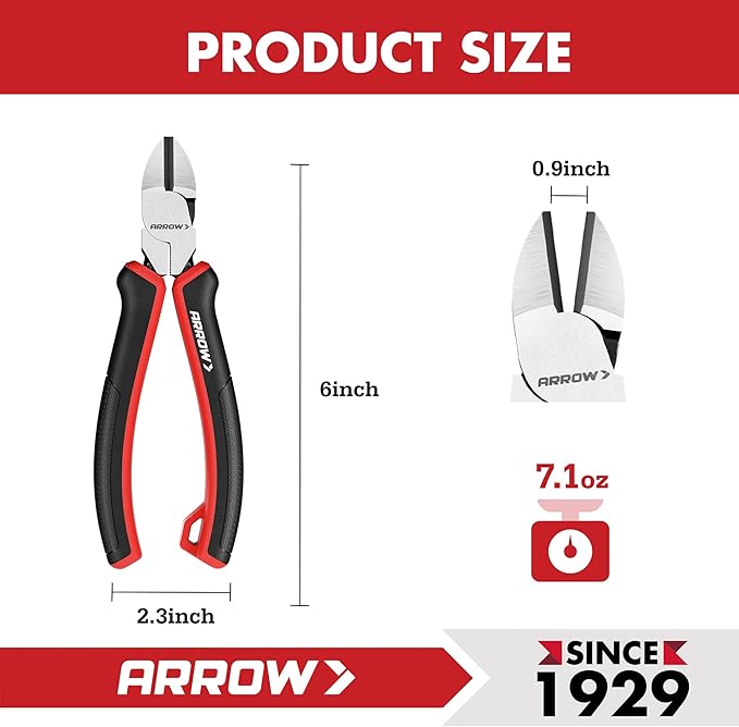 ARROW High Leverage Diagonal Pliers, 6 Inch Wire Cutters with Comfortable TPR Handle, High Carbon Steel Side Cutters for Cutting Wire