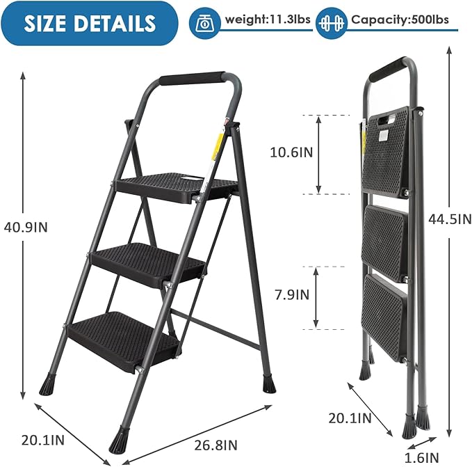 3 Step Ladder, GOLYTON Folding Step Stool with Anti-Slip Wide Pedal & Convenient Handgrip, 500lbs Capacity Steel Ladder for Household and Office, Grey