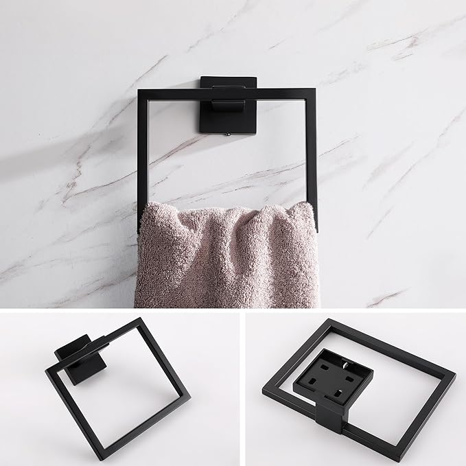 LANC Hand Towel Rings for Bathroom Wall Mount Matte Black Square Hand Towel Holder Command Towel Hanger for Bathroom Lavatory Towel Holder Stainless Steel Modern Towel Rack Hanger 2 Pack, A8896MB-P2