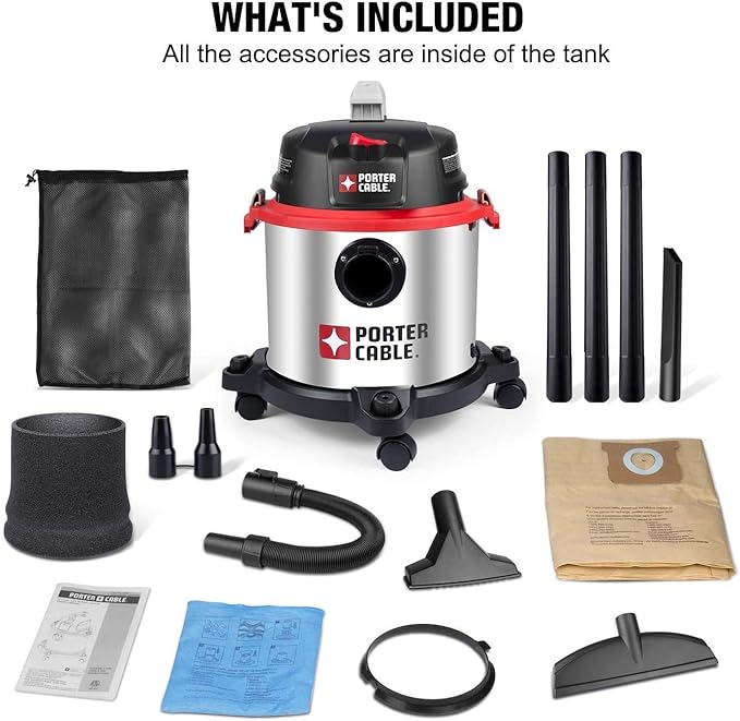 PORTER-CABLE 5 Gallon Wet Dry Vacuum, 4 Peak HP Stainless Steel 3 in 1 Shop Vacuum Blower with Powerful Suction, Ideal for Job Site, Garage, Basement, Model: PCX18406-5B