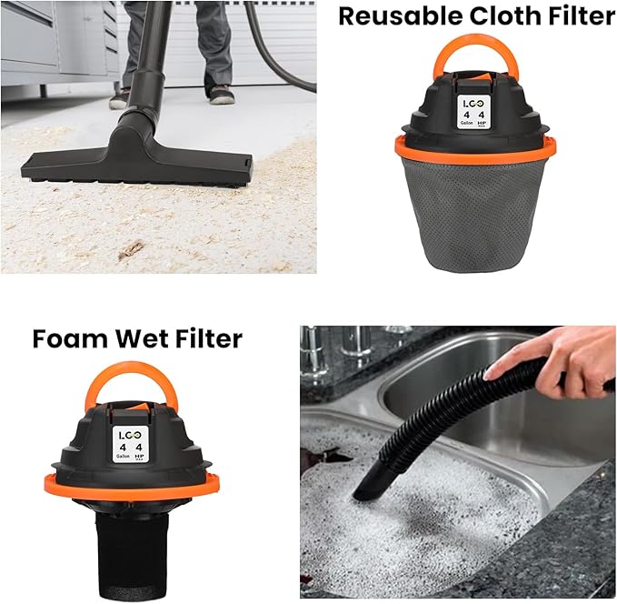 LIGO Shop Vacuum Wet and Dry, 4 Gallon Shop Vac with Accessories, Staninless Steel Tank, 4HP, for Workshop, Garage, Home and Car Vacuum Cleaner