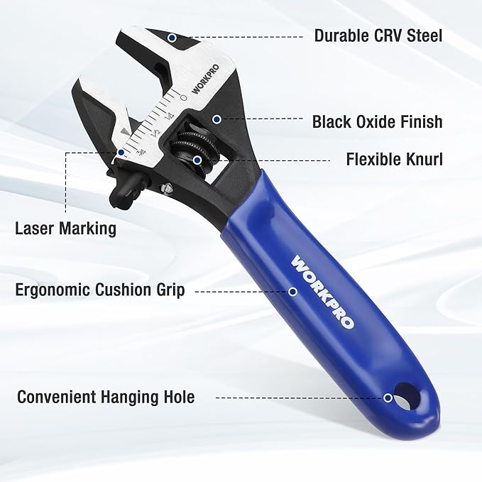 WORKPRO 4-Inch Mini Adjustable Wrench, Cr-V Steel Wide Jaw Black Oxide Wrench for Small Nuts, Metric & SAE Scales, for Home, Workshop and DIY