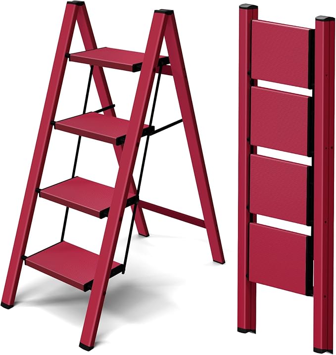 Taranta 4 Step Ladder,Aluminum Lightweight Folding 4 Step Stool with Anti-Slip Wide Pedal,330lbs Capacity Step Ladder for Household,Kitchen,Office - Red
