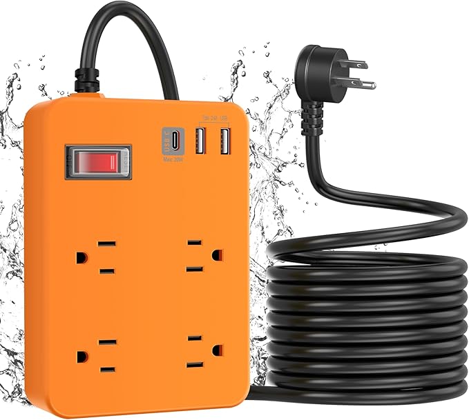 Outdoor Power Strip Weatherproof,Fast Charging Station 20W USB C,Waterproof Surge Protector 4 Outlets, Multi Outlet Extension for Camping, Garden, Kitchen,Bathroom,Flat Plug (Orange, 25 FT Cable)