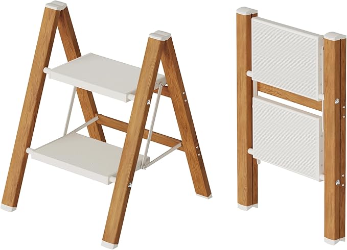 2 Step Lightweight Aluminum Folding Ladder, Portable Step Stool with Anti-Slip Pedals, 330 lbs Capacity for Home, Office, Kitchen(White&Woodgrain)