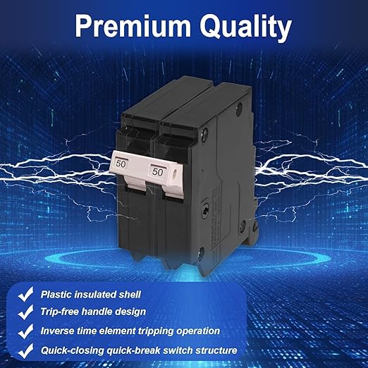 50 Amp 2-Pole Circuit Breaker, Type 3/4-Inch Plug-On Molded Case Circuit Breaker, 120/240V, Thermal Magnetic, 10-Yr Warranty