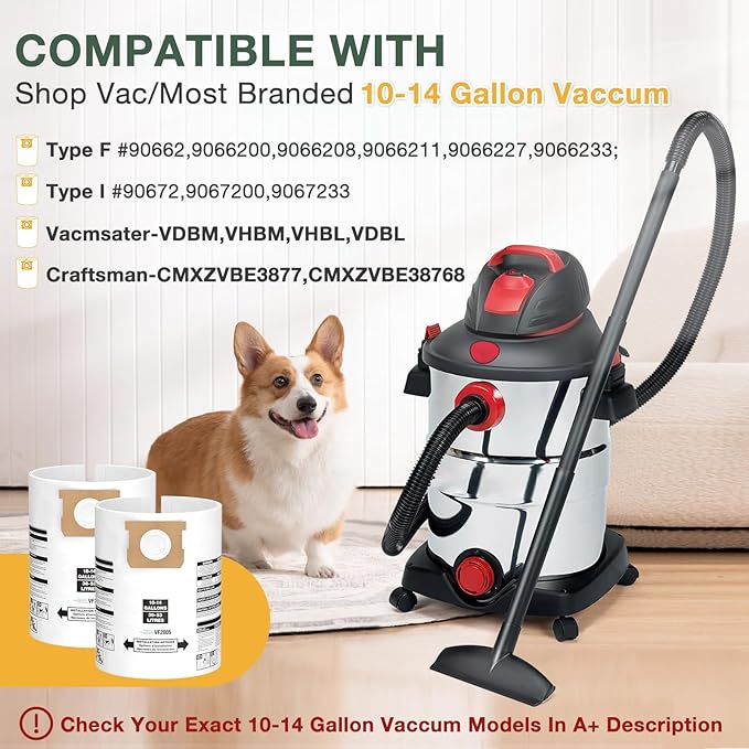 8PCS 10-14 Gallon Vacuum Bags for Shop Vac Bags, Disposable Wet Dry Vaccum Collection Bags Replace Part Type I #90672 9067200, Type F #90662 9066200 9066233, VF2005 (White)