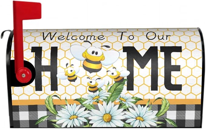 Summer Bee Buffalo Plaid Mailbox Cover Spring Daisy Floral Mailbox Cover Magnetic Standard Size 25.5" x 21" Farmhouse Rustic Welcome To Our Home Mail Box Covers Garden Yard Home Decor for Outdoor