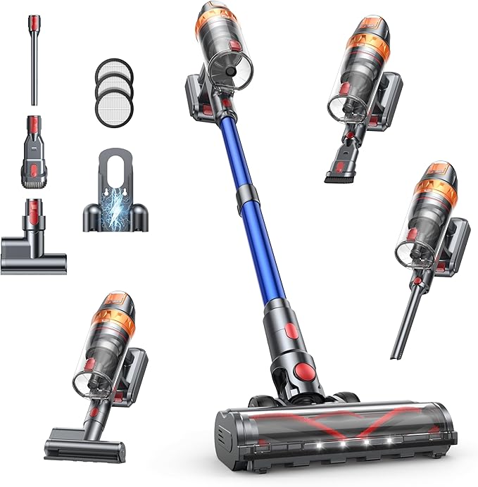 Cordless Vacuum Cleaner, 650W with Extra Mattress Cleaning Tool, 50KPA Stick Vacuum Cleaners for Home 65 Mins Runtime, Self-Standing, Wall Mount Charging, Rechargeable Vacuum for Floor Carpet Pet Hair