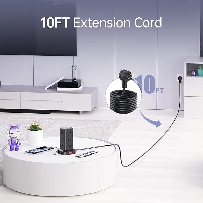 Surge Protector Power Strip Tower,10FT Extension Cord with Multiple Outlets, 12 AC 4 USB (1 USB C),Mini Power Strip with USB Ports, Surge Protector Tower Overload Protection for Office, Desk