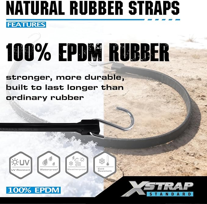 XSTRAP STANDARD Multiple Size Natural Rubber Tarp Bungee Straps Tie Down Cords with S Hooks Heavy Duty Ideal for Securing Tarps - 20 Pack