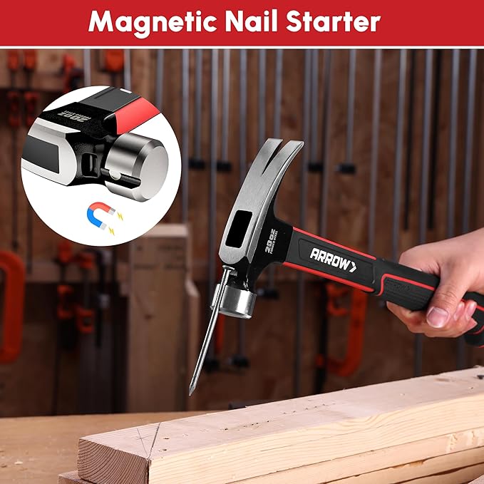 ARROW 20oz Straight Claw Hammer with Magnetic Nail Holder, Smooth Face and Forged Steel Head, Shock-Absorbing Fiberglass Handle, for Carpentry and General Purpose