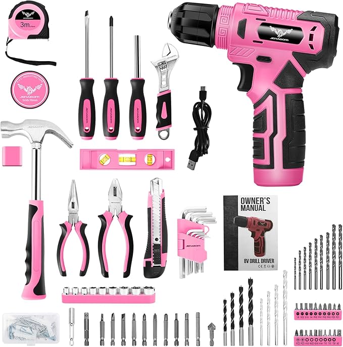 Drill Set: Tool Set with 8V Pink Cordless Drill, Home Tool Kit with Drill, Hand Tool Kits for Women, Homeowner, Diyer, Handyman, 127Piece
