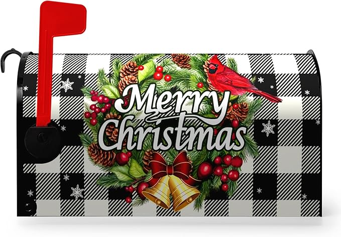 Merry Christmas Mailbox Covers Magnetic Standard Size Winter Buffalo Plaid Mailbox Post Cover Xmas Snowflake Mailbox Wraps Holiday Mailbox Decor Waterproof 21 X18 Inch