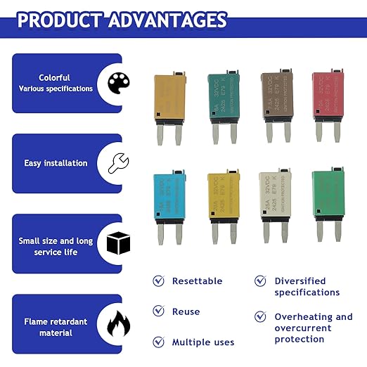 BOJACK ATM Manual Resettable Fuse Low Profile Mini Blade Fuses 5A 6A 7.5A 10A 15A 20A 25A 30A Amp Automotive Circuit Breaker Fuses DC 12V 28 Volts Boat Marine RV Car Truck (8 pcs Mixed