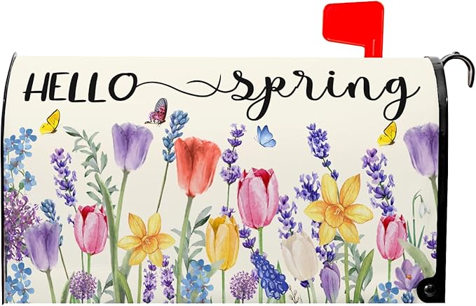 Hello Spring Mailbox Covers Tulip Lavender Butterfly Spring Decorative Mailbox Covers Magnetic Standard Size 21x18 Inch Rustic Waterproof Mailbox Wraps Post Letter Box Covers Garden Yard Outdoor Decor