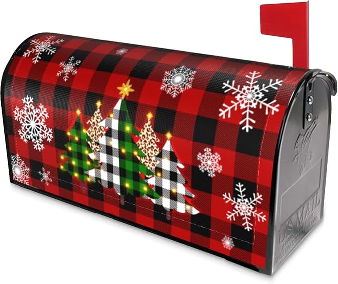 Giwawa Christmas Tree Mailbox Cover - Magnetic Red Black Buffalo Plaid - Large Winter Snowflakes - Oversized 25.5 x 21 - Happy New Year Post Letter Box Wrap