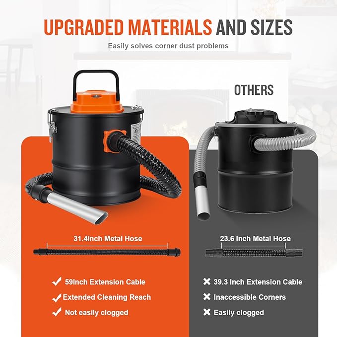 Ash Vacuum Cleaner -2.6 Gallon Fireplace Ash Vac with 800w Powerful Hose Non-Woven Dust Separator | Dry Stove Vacuum for Fireplaces Pellet Grill Wood Stove Fire Pits Orange
